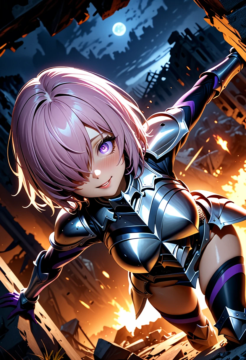 (masterpiece, top quality, best quality, beautiful and aesthetic:1.2), full body, extremely detailed, detailed face and eyes, cinematic light, depth of field, 1girl, seducing smile, solo, official, (armored knight:1.4), dark armor, mash kyrielight, light purple hair, short hair, hair over one eye, slim body, cinematic lighting, dramatic lighting, dramatic atmosphere, hyper-realistic, high resolution, stunning contrast, high quality, best quality, 8k, 4k, intricately detailed, (amazing details:1.2), highly detailed skin, powerful presence, vibrant colors, (detailed eyes:1.2), striking eyes, (detailed background), (warzone on background, night, ruins), (dynamic angle:1.2), (dynamic pose:1.2)