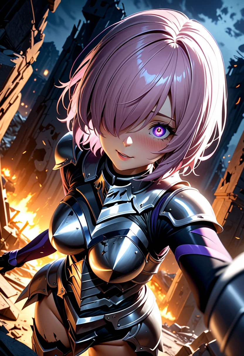 (masterpiece, top quality, best quality, beautiful and aesthetic:1.2), full body, extremely detailed, detailed face and eyes, cinematic light, depth of field, 1girl, seducing smile, solo, official, (armored knight:1.4), dark armor, mash kyrielight, light purple hair, short hair, hair over one eye, slim body, cinematic lighting, dramatic lighting, dramatic atmosphere, hyper-realistic, high resolution, stunning contrast, high quality, best quality, 8k, 4k, intricately detailed, (amazing details:1.2), highly detailed skin, powerful presence, vibrant colors, (detailed eyes:1.2), striking eyes, (detailed background), (warzone on background, night, ruins), (dynamic angle:1.2), (dynamic pose:1.2)