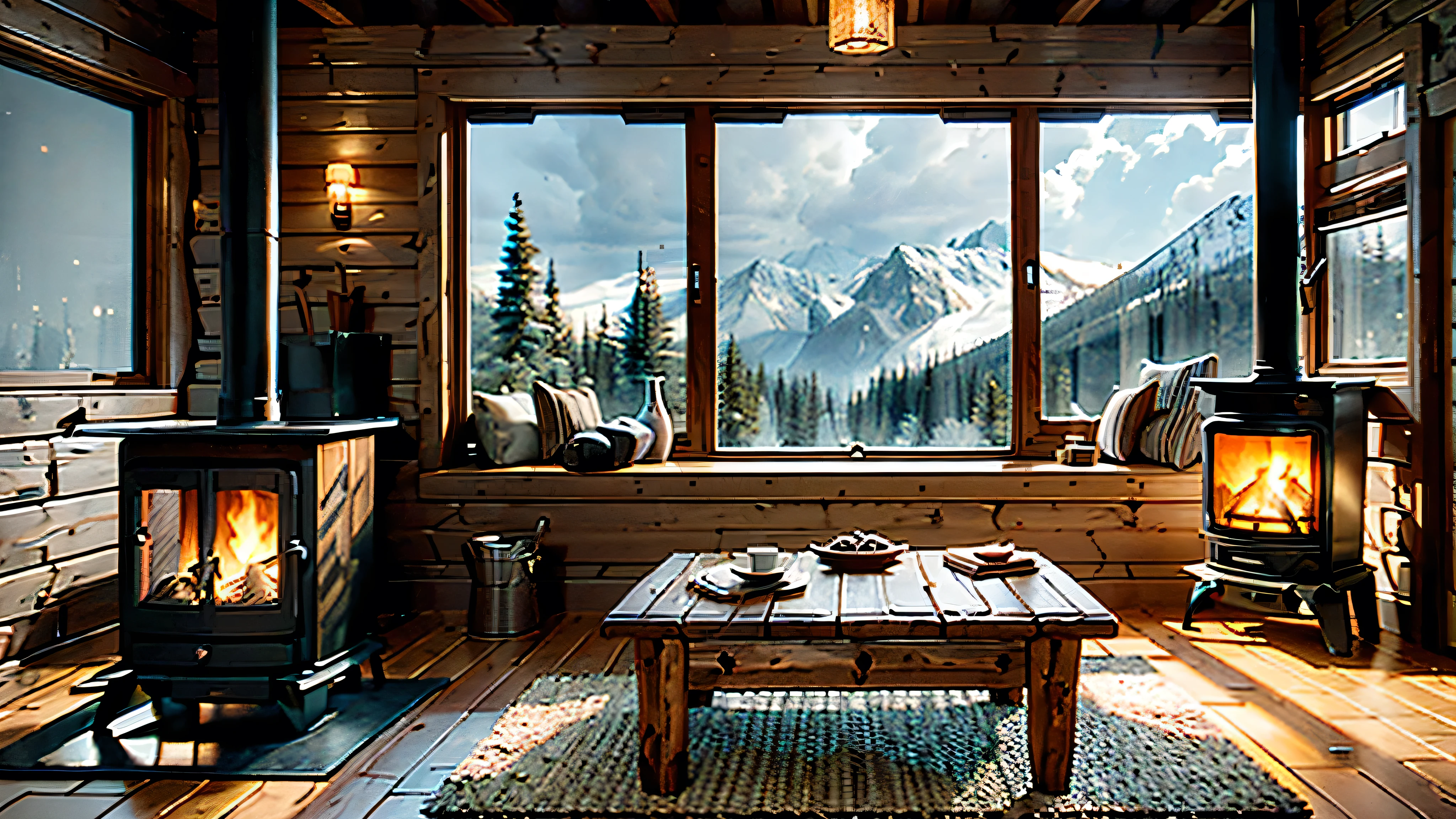 Cozy mountain cabin in the woods, Use a wood burning stove, A window to the outdoors, and furniture made of logs and planks, (Realistic 3D rendering, Realistic textures, Detailed interior and exterior models, High polygon count), author：Colby Williams