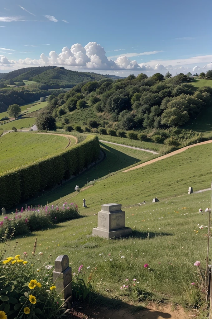 Tombe avec fleurs autour dans un paysage avec des collines et un orage