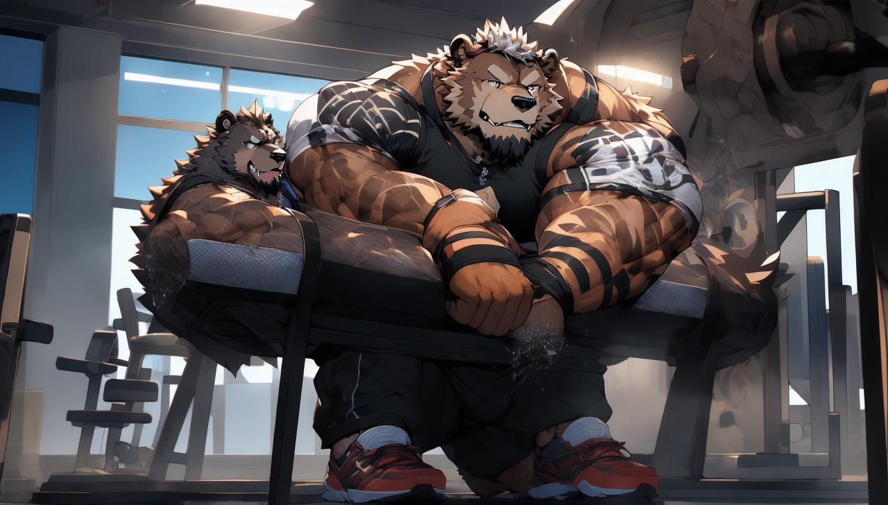 Big brown furry kodiak muscle bear with huge muscles with black gym shorts, black gym shoes and black wristbands at the gym doing incline bench presses sweating off with veins