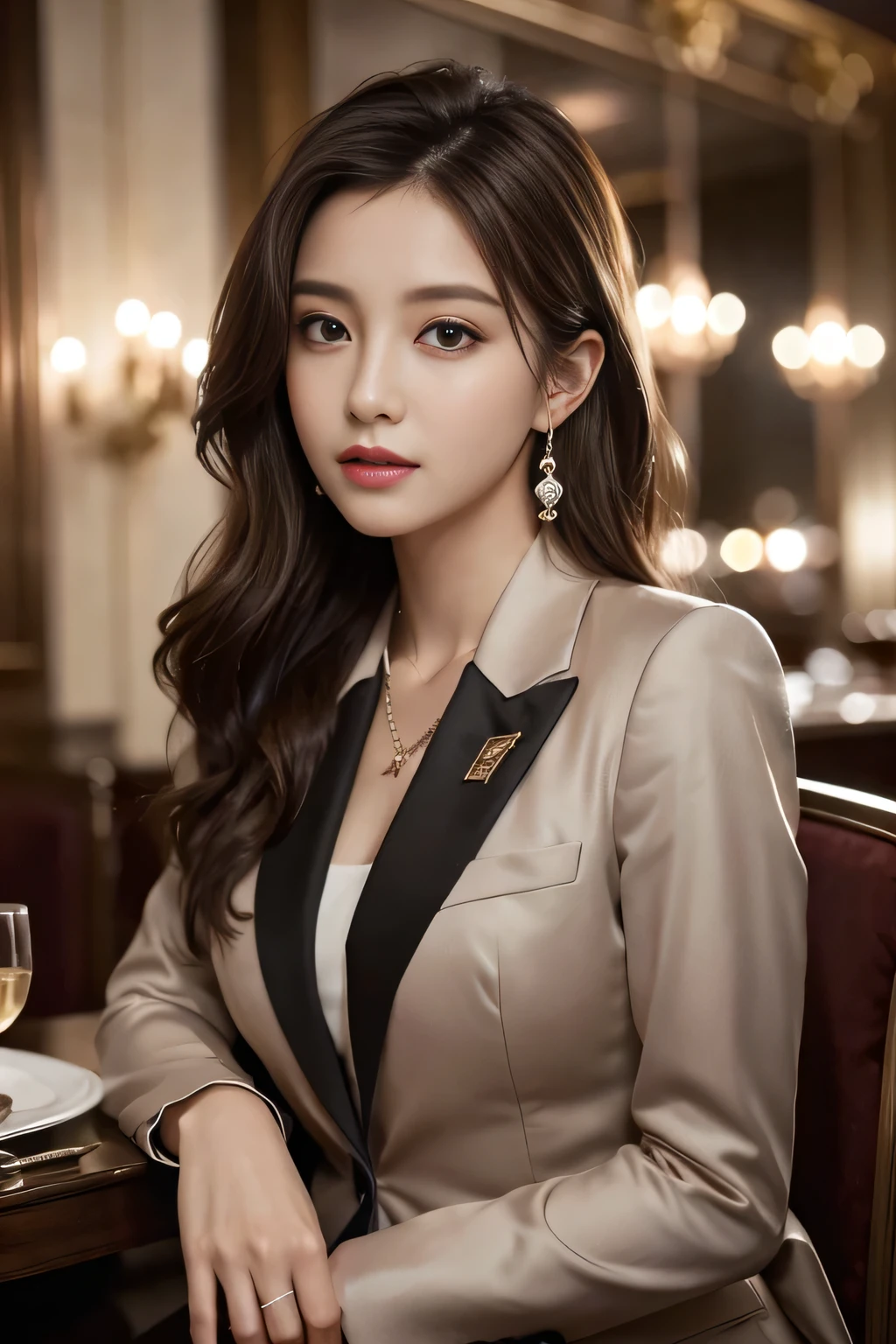 masterpiece, Highest quality, Realistic, Very detailed, Finer details, High resolution, 8k wallpaper, One beautiful woman, Wear a nice suit, In a great restaurant, At night, Light brown messy hair, Perfect dynamic composition, Beautiful and beautiful eyes、Big earrings、Sit on a chair、