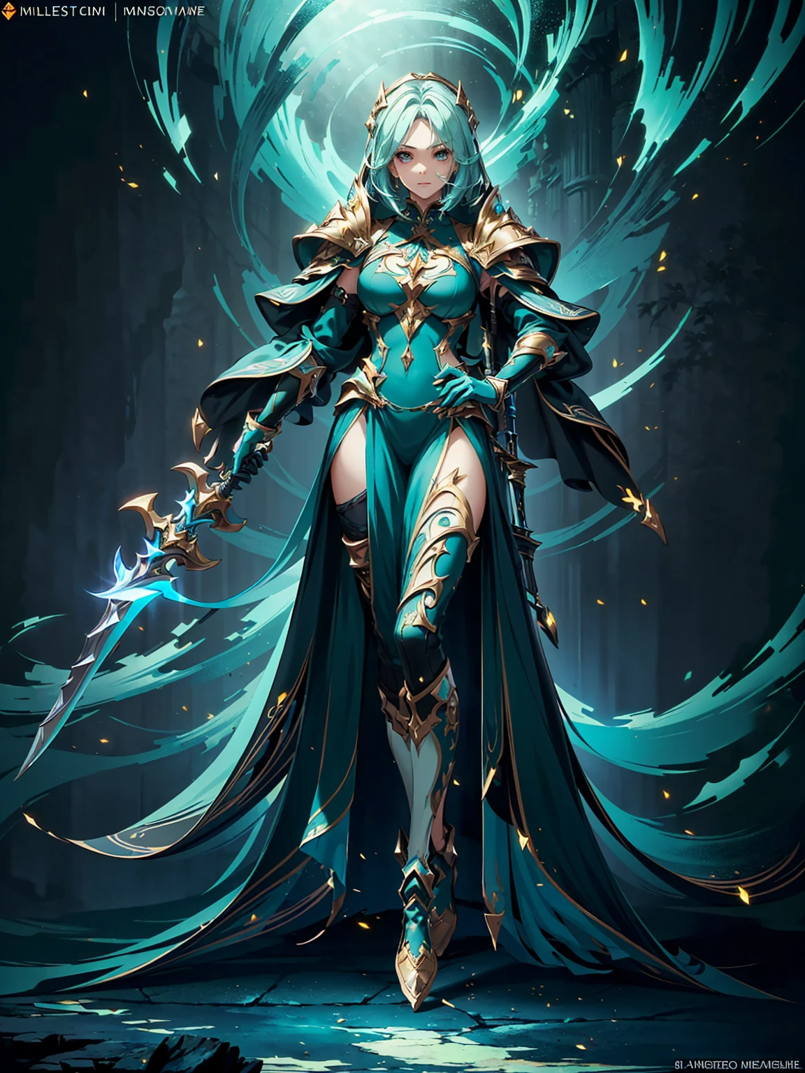 (((masterpiece, best quality, high detailed, 8k))) Design a layout showcase Gaming character, (1girl). Green|Gold clothes, stylish and unique. ((showcase weapon:1.4)), nature staff. (masterpiece:1.2), (best quality), 4k, ultra-detailed. (Step by step design, layout art:1.5), (luminous lighting, atmospheric lighting). druid, ((glove full hands)), (((revealing clothes:1.3))), vambraces, armored legwear, (((full_body_shot:1.4))). {In a magical meadow}.