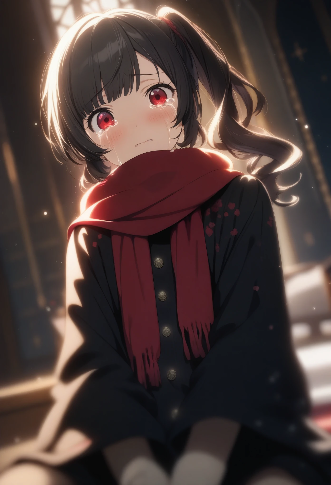 1girl momose \(oqo\), official art, sitting, crying, tears streaming, black coat, red scarf, black hair, side_ponytail, red eyes, (very aesthetic, best quality, ultra detailed), intricate details, highres, indoors, light particles, close-up, blurry background,, low angle, cinematic angle, cowboy shot