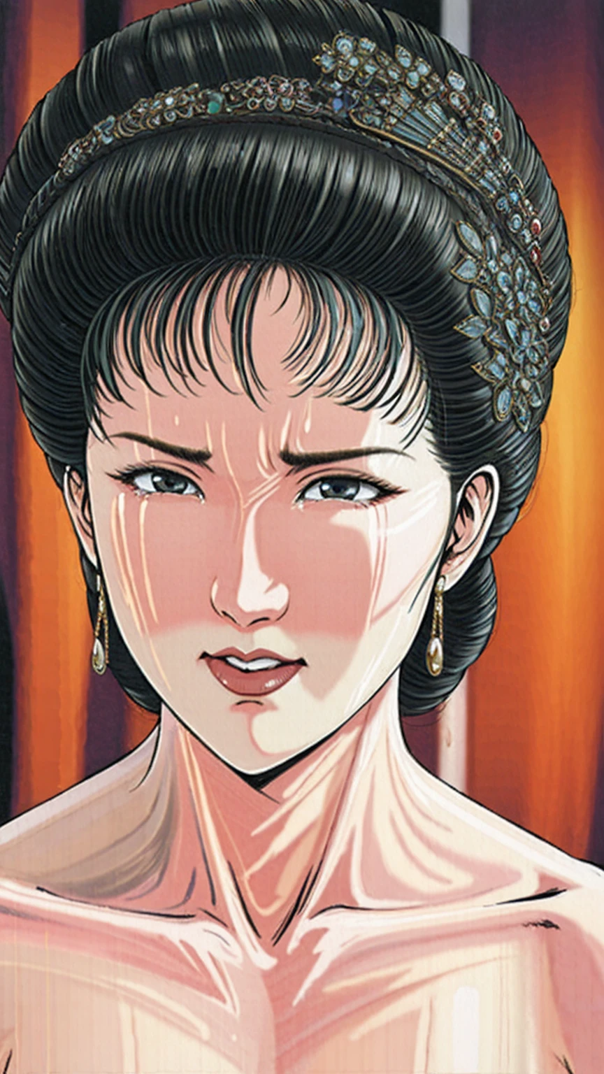 (best quality), (very aesthetic), (ultra-detailed), (best illustration),(a mature female),(perfect face),Suikoden,Mrs. Lin,(((NSFW))),((full_body)),((full_Nude)),(crying),red cheek,sweating,skinny,flushed skin,(Woman with pubic hair),(standing),(ahegao),traditional Chinese bedroom,front view