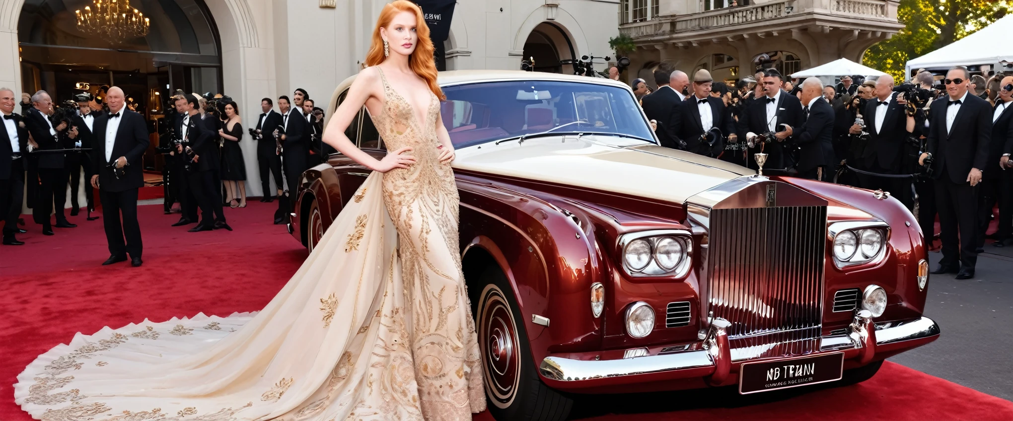 An elegant strawberry blonde emerges from a vintage Rolls-Royce onto the iconic red carpet, the train of her ornately embroidered couture gown cascading gracefully behind as paparazzi flashes reflect off every meticulously set ruby and diamond.