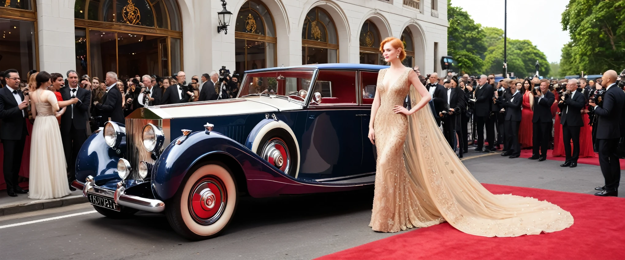 An elegant strawberry blonde emerges from a vintage Rolls-Royce onto the iconic red carpet, the train of her ornately embroidered couture gown cascading gracefully behind as paparazzi flashes reflect off every meticulously set ruby and diamond.