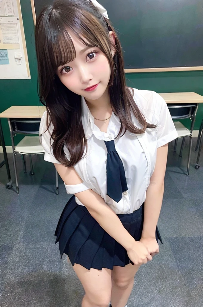((1 girl)), ((Best Quality)), ((Ultra-detailed)), ((High resolution)), (8K Wallpaper), ((Perfect dynamic composition)), Realistic, Indoors, In the classroom, A blackboard, ((Cinematic lighting)), Solo, Cowboy shot, Japanese girl, Wavy long hair, Bangs, Brown hair, ((Beautiful detailed eyes)), , (Dress shirt:1.4), White shirt, ((Large breasts)), (Huge breasts), Short sleeve, Navy pleated skirt, Short skirt, Standing, Seductive pose, Smile, (Looking at viewer)