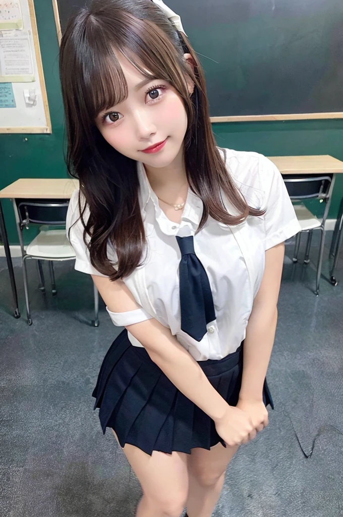 ((1 girl)), ((Best Quality)), ((Ultra-detailed)), ((High resolution)), (8K Wallpaper), ((Perfect dynamic composition)), Realistic, Indoors, In the classroom, A blackboard, ((Cinematic lighting)), Solo, Cowboy shot, Japanese girl, Wavy long hair, Bangs, Brown hair, ((Beautiful detailed eyes)), , (Dress shirt:1.4), White shirt, ((Large breasts)), (Huge breasts), Short sleeve, Navy pleated skirt, Short skirt, Standing, Seductive pose, Smile, (Looking at viewer)