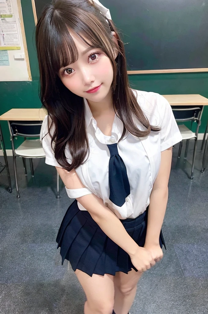 ((1 girl)), ((Best Quality)), ((Ultra-detailed)), ((High resolution)), (8K Wallpaper), ((Perfect dynamic composition)), Realistic, Indoors, In the classroom, A blackboard, ((Cinematic lighting)), Solo, Cowboy shot, Japanese girl, Wavy long hair, Bangs, Brown hair, ((Beautiful detailed eyes)), , (Dress shirt:1.4), White shirt, ((Large breasts)), (Huge breasts), Short sleeve, Navy pleated skirt, Short skirt, Standing, Seductive pose, Smile, (Looking at viewer)