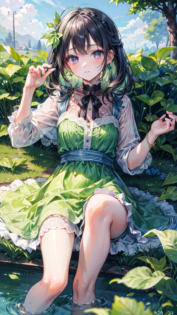 (Best quality, 8k, 32k, Masterpiece, UHD,:1.2),RAW, 1girl,ultra cute , natural lighting,transparent shining eyes, 20yo ,fair complexion, long hair, french braid, flushed face,femur, medium hair, dress Like cabbage, dress made of cabbage leaf, fresh, fresh green dress, Happily, cabbage Field, surrounded by cabbages