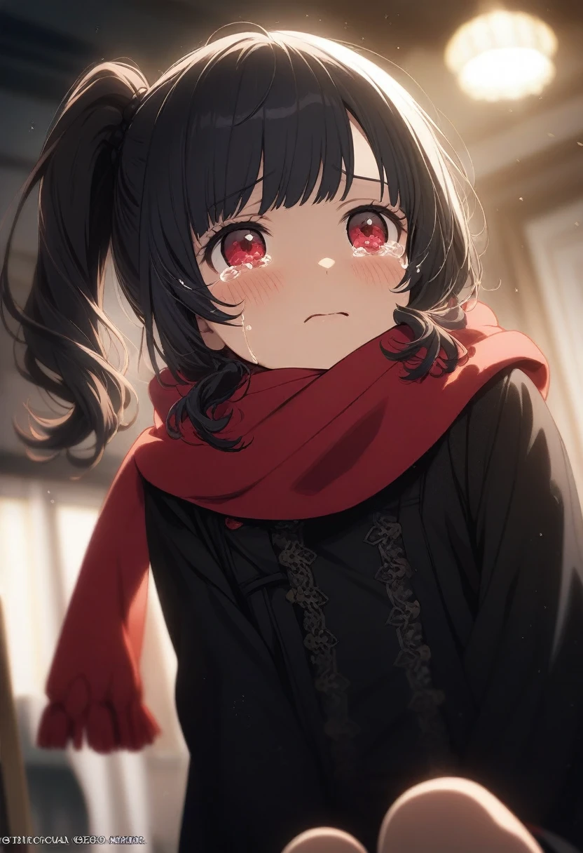 1girl momose \(oqo\), official art, sitting, crying, tears streaming, black coat, red scarf, black hair, side_ponytail, red eyes, (very aesthetic, best quality, ultra detailed), intricate details, highres, indoors, light particles, close-up, blurry background,, low angle, cinematic angle, cowboy shot, emotional, delicate features