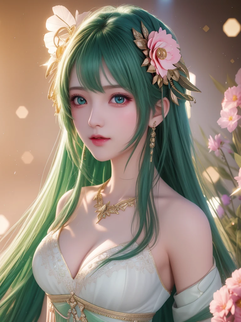 best quality, masterpiece, High target, There is a girl with a basket of flowers on her head, Big breast beauty,Very sexy,beautiful clothes, Hair Decorationss, necklace, Decorations, Pretty Face, When the body, Tyndall effect, Realistic Portraits, Edge lighting, Two-color light, (Very delicate skin:1.2), 8K uhd, Digital SLR Camera, Soft Light, high quality, Volumetric Lighting, Honest, photo, high resolution, 4K, 8K, Bokeh, Green hair,Pink Eyes.