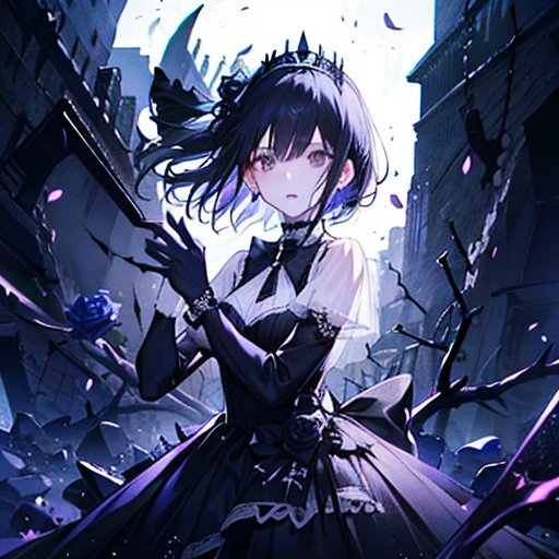 Black Rose Princess, Black Rose, Thorns, 1 female, Black Hair, Shiny Hair, short髪, Black eyes, Big eyes, Black Tiara, Long dress, black ribbons, Shiny Dress, Puff sleeves, short, Black gloves, Black Roseを持つ, evil, enemy, Late Night, darkness, nightmare