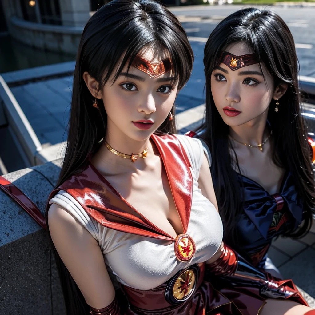 Highest quality, masterpiece, Very detailed, 8K, beautiful Japanese woman:1.5, Small face, Black Hair, (A detailed and glamorous red Sailor Moon costume:1.5), Breast Augmentation Surgery, Very detailedな臭い脇の下、 Dynamic Angle