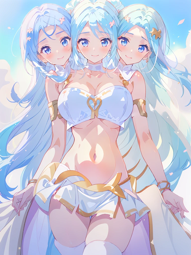 (masterpiece, best quality), best resolution, (3heads:1.5), 1girl, light blue hair, flowing hair, smiling, soft smile, open belly, white crop top, white miniskirt, open breasts, huge tits, sexy pose, beautiful eyes, headband,