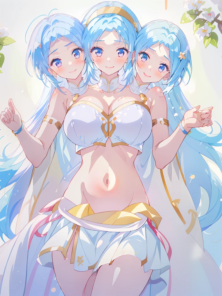 (masterpiece, best quality), best resolution, (3heads:1.5), 1girl, light blue hair, flowing hair, smiling, soft smile, open belly, white crop top, white miniskirt, open breasts, huge tits, sexy pose, beautiful eyes, headband,