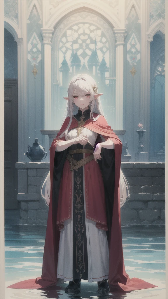 realisitic,best qualityer,(work of art:1.2),absurderes,(1 girl, standing alone),water colour,A beautiful woman,retrato de meio corpo, , extremely luminous bright design,(inking:1.3), white medieval clothing,gazing at viewer, female elf, Pink long hair, Eyes red 
