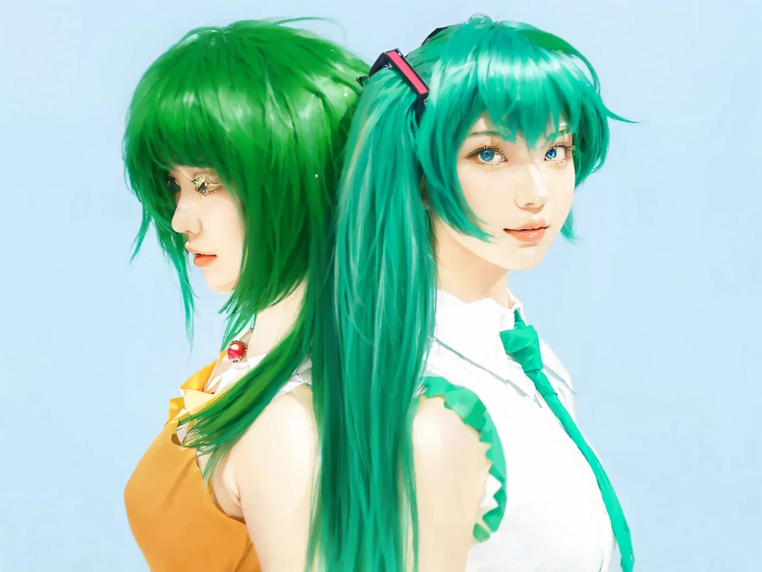 ((Masterpiece)), (best quality), (very detailed), ((very detailed)), 4k, (8k),2 girl,Hatsune Miku,Gumi,Japanese girl,Blue hair color White sleeveless shirt and blue tie,green hair color and orange dress with red round jewel necklace