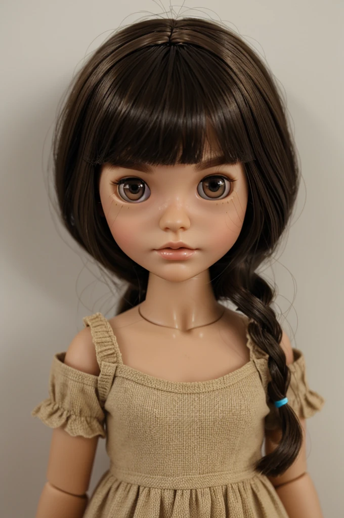 Create a light brunette Blythe doll, black hair below the shoulders with bangs below the eyebrow, and brown eyes 