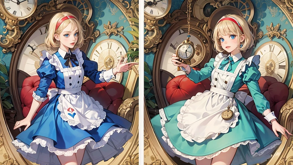 masterpiece, Highest quality, Portraiture, One Girl, (Alice in Wonderland:1.2), Blue clothes, White apron, Blonde, blue eyes, Large pocket watch, Trump, Tea cup, Dynamic pose,Electro Swing