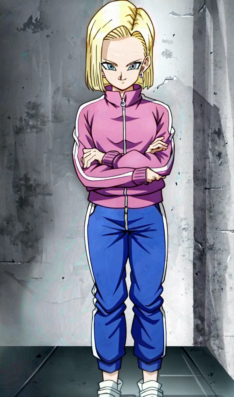 (Highly detailed CG Unity 4k wallpaper),(masterpiece),(Highest quality),(Super detailed),(Best illustrations),(Best Shadow),(Absurd),(Detailed Background), Android 18, One girl, Android 18, alone, Blonde, blue eyes, Earrings, jewelry, Jacket, Arms crossed, short hair, pink track Jacket, pants, Pink tracksuit, View your viewers, pink track pants, smile, chest, Cowboy Shot, Long sleeve