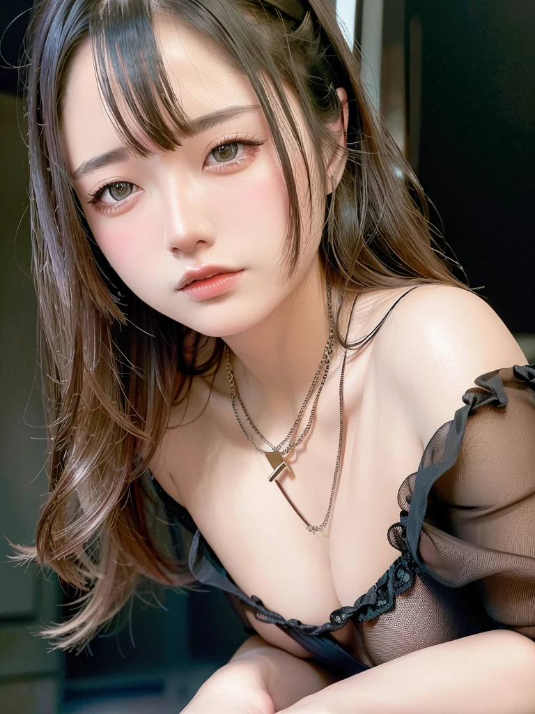 Highest quality, masterpiece, Ultra-high resolution, (Realistic:1.5), RAW Photos, 1 Girl, Off the shoulder, In the Dark, Deep Shadow, secret key, Cold Light, Sexy Looks, Gorgeous Dress、elegant necklace、((Small breasts))、Looking at the audience、