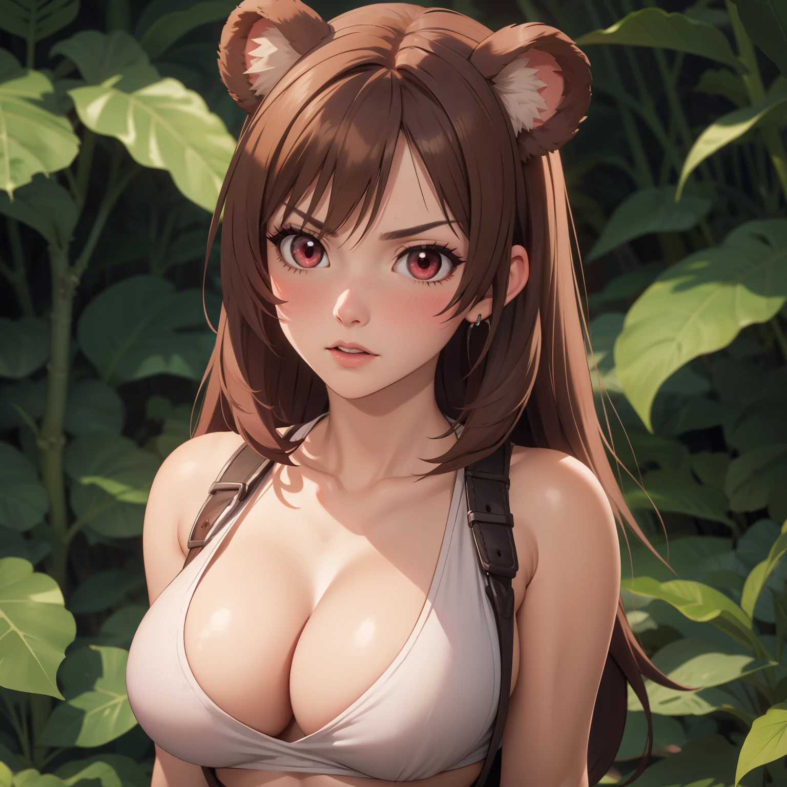 Tifa Lockhart mujer 20 años cabello naranjo liso , rounded bear ears, red eyes like ruby., serious expression, blush,  pale skin, big breasts ,Tifa Lockhart. background a temple in the jungle.