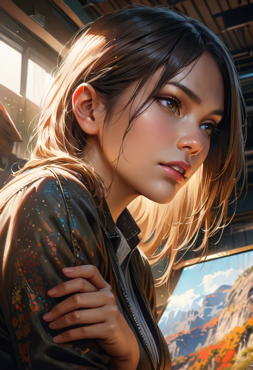 beautiful detailed eyes, beautiful detailed lips, extremely detailed eyes and face, long eyelashes, 1girl, , bored expression, looking down, hand on breast, large breasts, classroom setting, detailed background, (best quality,4k,8k,highres,masterpiece:1.2),ultra-detailed,(realistic,photorealistic,photo-realistic:1.37),HDR,UHD,studio lighting,ultra-fine painting,sharp focus,physically-based rendering,extreme detail description,professional,vivid colors,bokeh,portrait
