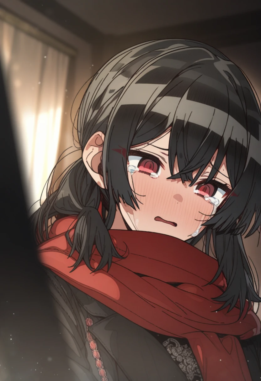 "(best quality,4k,highres:1.2),vivid colors,ultra-detailed,comic style,portrait,front view,angry,sad,desperate expression,blood stains on face and body,teary eyes,blood splatter on the wall,circular spotlight on the wall,gray fluffy hair down to waist,crouching, Knees inward and together, wearing a dark gray coat, white sailor uniform, red cloth triangle scarf, black stockings"