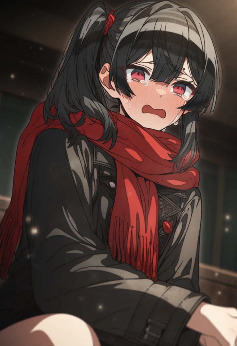 1girl erere, official art, sitting, crying, tears streaming, black coat, red scarf, black hair, side_ponytail, red eyes, (very aesthetic, best quality, ultra detailed), intricate details, highres, indoors, light particles, close-up, blurry background,, low angle, cinematic angle, cowboy shot, emotional, delicate features