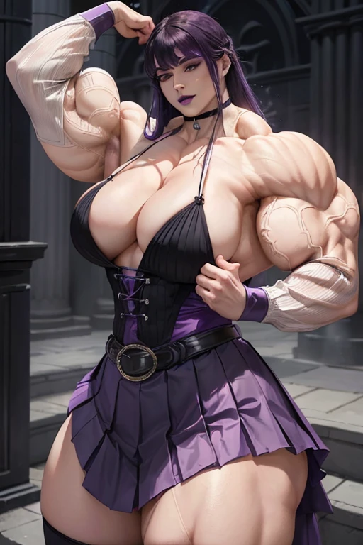 ((((Massive tall, beautiful, buff, pale white skinned muscular woman with violet purple hair, black lipstick, ginormous bulky muscles and wearing a violet long sleeve pleated shirt with beautiful long pleated skirt)))), (close view), (massive muscles), long hair with long bangs, ((chained belt)), black eyes, choker, ((violet purple long sleeve pleated shirt and tie)), neck tie, ((beautiful long pleated skirt)), belt, thigh high socks, black boots, (in Hogwarts), closed smile, night, massive muscles