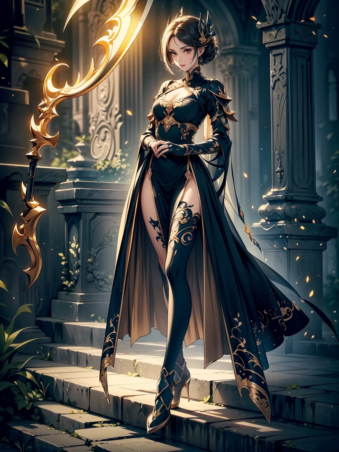 
(((masterpiece, best quality, high detailed, 8k))) Design a layout showcase Gaming character, (1girl). Black|Gold clothes, stylish and unique. ((showcase weapon:1.4)), dark scythe. (masterpiece:1.2), (best quality), 4k, ultra-detailed. (Step by step design, layout art:1.5), (luminous lighting, atmospheric lighting). necromancer, ((glove full hands)), (((revealing clothes:1.3))), vambraces, armored legwear, (((full_body_shot:1.4))). {In a haunted graveyard}.
