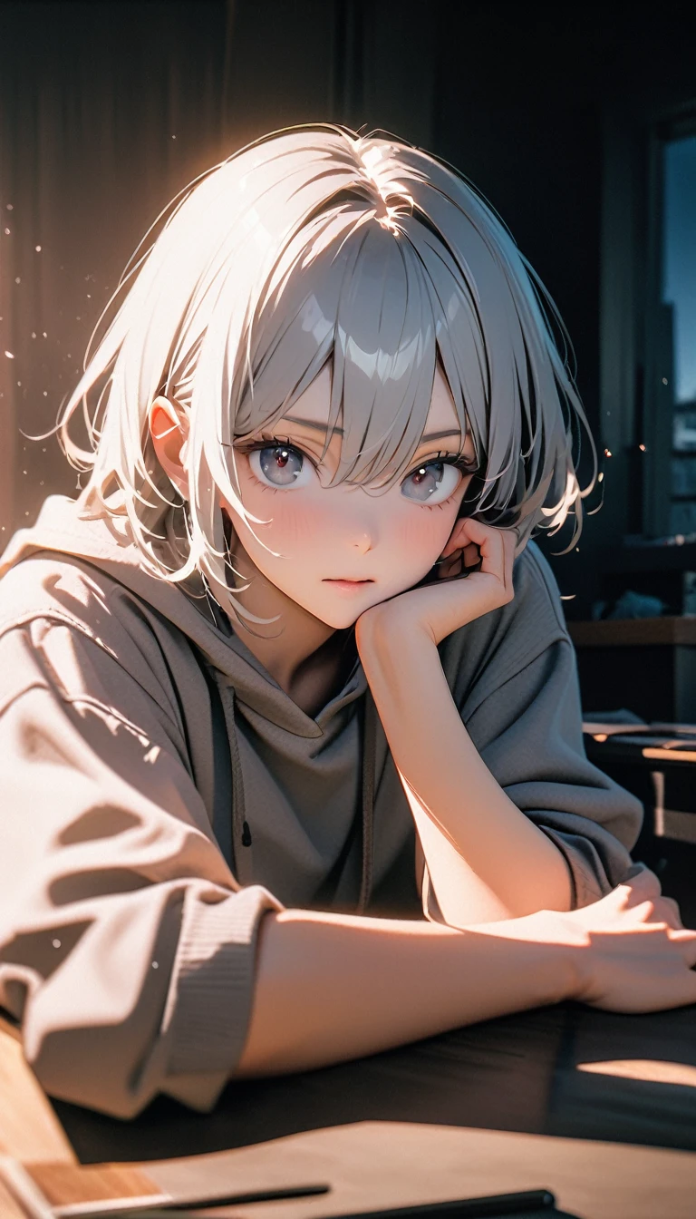 (8K, RAW photos, best quality, masterpiece: 1.4), (((The boy sits at the desk)))，Ultra-high resolution, Extremely detailed, light, Eye close-up, handsome boy, black eyes, (delicate eyes, Eyes are bright:1.2), Gray short hair, Fair skin,dark, Grey sweatshirt, sweatshirt with hood,(perfect anatomy:1.2), High-quality shadows, Natural Lighting, (White highlights:1.2), night, cloudy day, (at home:1.2), (Brave expression:1.2)
