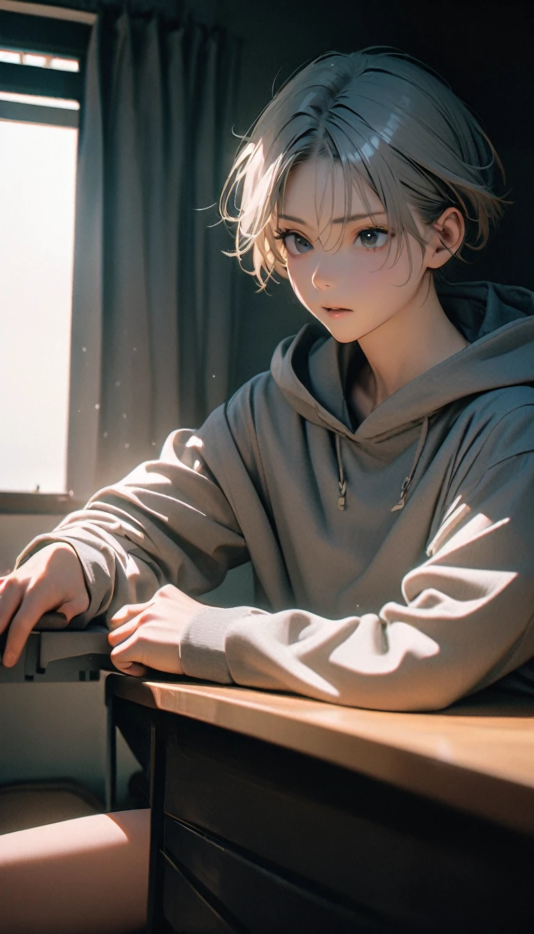 (8K, RAW photos, best quality, masterpiece: 1.4), (((The boy sits at the desk))),Ultra-high resolution, Extremely detailed, light, Eye close-up, handsome boy, black eyes, (delicate eyes, Eyes are bright:1.2), Gray short hair, Fair skin,dark, Grey sweatshirt, sweatshirt with hood,(perfect anatomy:1.2), High-quality shadows, Natural Lighting, (White highlights:1.2), night, cloudy day, (at home:1.2), (Brave expression:1.2)