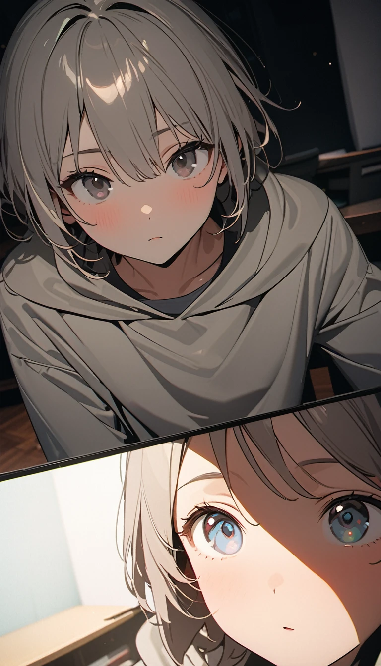(8K, RAW photos, best quality, masterpiece: 1.4), (((The boy sits at the desk))),Ultra-high resolution, Extremely detailed, light, Eye close-up, handsome boy, black eyes, (delicate eyes, Eyes are bright:1.2), Gray short hair, Fair skin,dark, Grey sweatshirt, sweatshirt with hood,(perfect anatomy:1.2), High-quality shadows, Natural Lighting, (White highlights:1.2), night, cloudy day, (at home:1.2), (Brave expression:1.2)