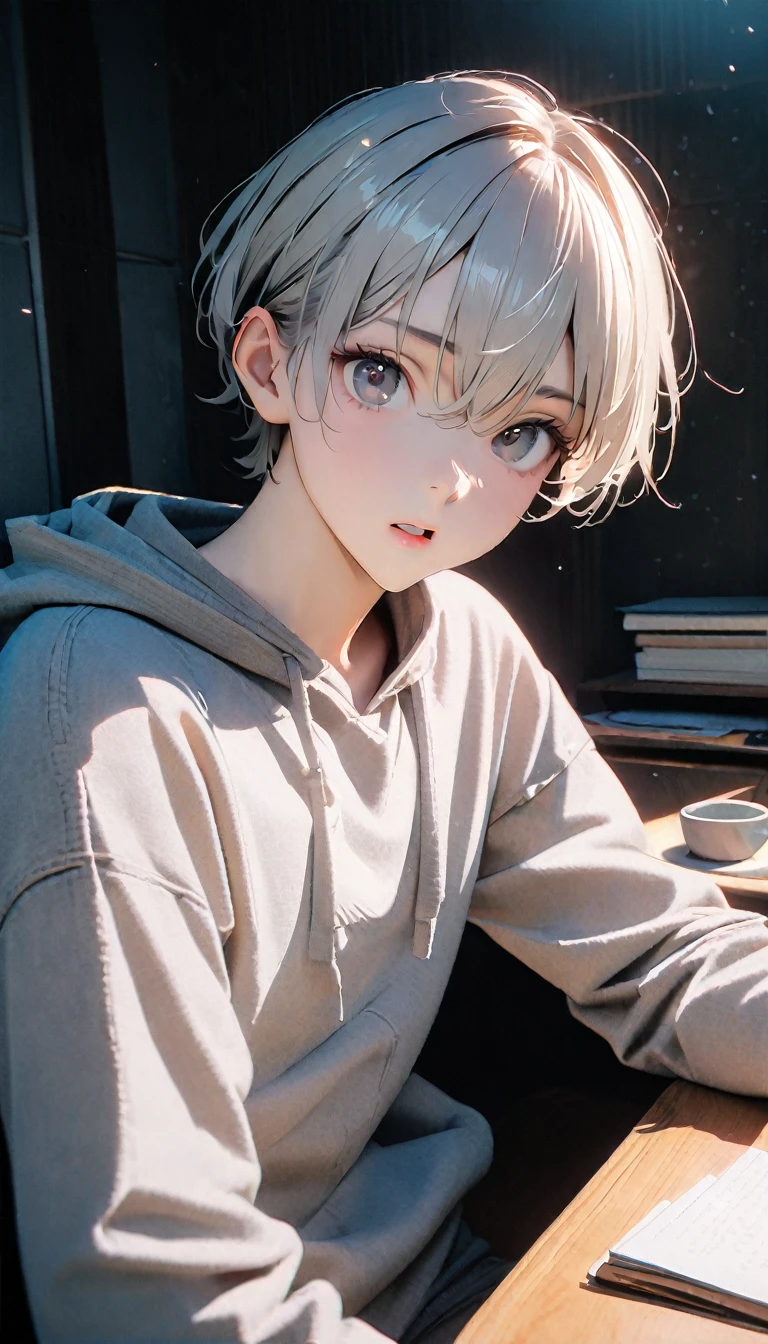 (8K, RAW photos, best quality, masterpiece: 1.4), (((The boy sits at the desk)))，Ultra-high resolution, Extremely detailed, light, Eye close-up, handsome boy, black eyes, (delicate eyes, Eyes are bright:1.2), Gray short hair, Fair skin,dark, Grey sweatshirt, sweatshirt with hood,(perfect anatomy:1.2), High-quality shadows, Natural Lighting, (White highlights:1.2), night, cloudy day, (at home:1.2), (Brave expression:1.2)