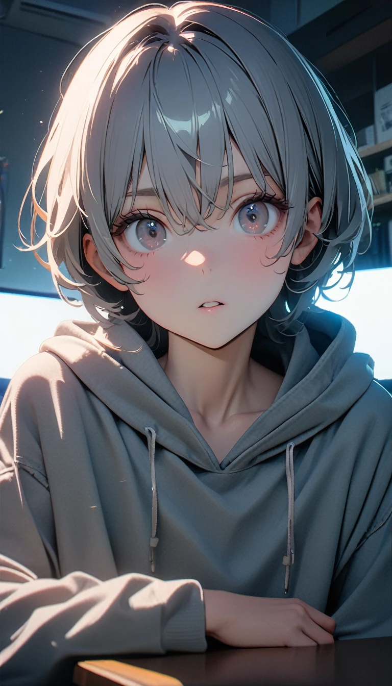 (8K, RAW photos, best quality, masterpiece: 1.4), (((The boy sits at the desk)))，Ultra-high resolution, Extremely detailed, light, Eye close-up, handsome boy, black eyes, (delicate eyes, Eyes are bright:1.2), Gray short hair, Fair skin,dark, Grey sweatshirt, sweatshirt with hood,(perfect anatomy:1.2), High-quality shadows, Natural Lighting, (White highlights:1.2), night, cloudy day, (at home:1.2), (Brave expression:1.2)