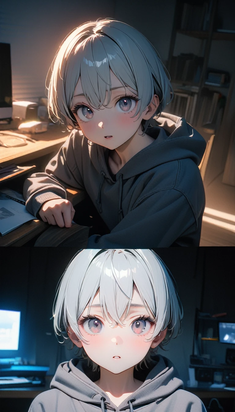 (8K, RAW photos, best quality, masterpiece: 1.4), (((The boy sits at the desk))),Ultra-high resolution, Extremely detailed, light, Eye close-up, handsome boy, black eyes, (delicate eyes, Eyes are bright:1.2), Gray short hair, Fair skin,dark, Grey sweatshirt, sweatshirt with hood,(perfect anatomy:1.2), High-quality shadows, Natural Lighting, (White highlights:1.2), night, cloudy day, (at home:1.2), (Brave expression:1.2)