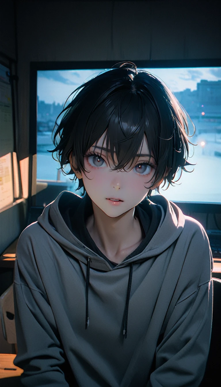 (8K, RAW photos, best quality, masterpiece: 1.4), (((The boy sits at the desk)))，Ultra-high resolution, Extremely detailed, light, Eye close-up, handsome boy, black eyes, (delicate eyes, Eyes are bright:1.2), Gray short hair, Fair skin,dark, Grey sweatshirt, sweatshirt with hood,(perfect anatomy:1.2), High-quality shadows, Natural Lighting, (White highlights:1.2), night, cloudy day, (at home:1.2), (Brave expression:1.2)