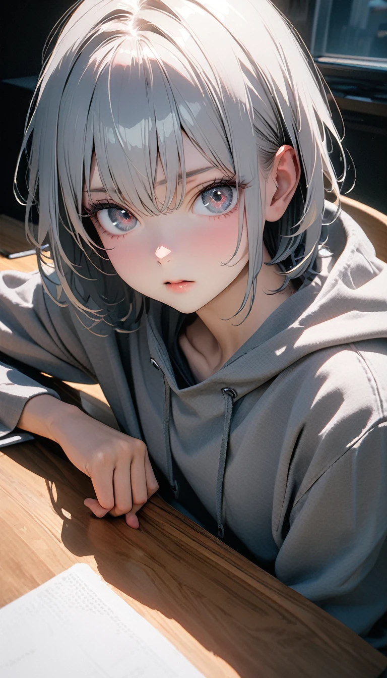 (8K, RAW photos, best quality, masterpiece: 1.4), (((The boy sits at the desk))),Ultra-high resolution, Extremely detailed, light, Eye close-up, handsome boy, black eyes, (delicate eyes, Eyes are bright:1.2), Gray short hair, Fair skin,dark, Grey sweatshirt, sweatshirt with hood,(perfect anatomy:1.2), High-quality shadows, Natural Lighting, (White highlights:1.2), night, cloudy day, (at home:1.2), (Brave expression:1.2)
