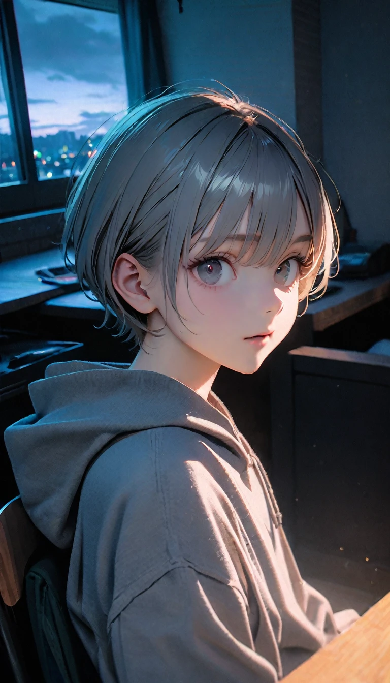 (8K, RAW photos, best quality, masterpiece: 1.4), (((The boy sits at the desk)))，Ultra-high resolution, Extremely detailed, light, Eye close-up, handsome boy, black eyes, (delicate eyes, Eyes are bright:1.2), Gray short hair, Fair skin,dark, Grey sweatshirt, sweatshirt with hood,(perfect anatomy:1.2), High-quality shadows, Natural Lighting, (White highlights:1.2), night, cloudy day, (at home:1.2), (Brave expression:1.2)
