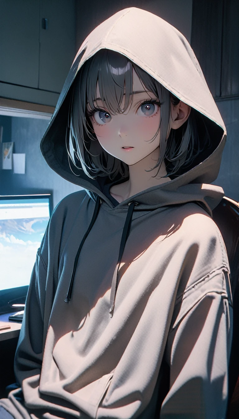 (8K, RAW photos, best quality, masterpiece: 1.4), (((The boy sits at the desk)))，Ultra-high resolution, Extremely detailed, light, Eye close-up, handsome boy, black eyes, (delicate eyes, Eyes are bright:1.2), Gray short hair, Fair skin,dark, Grey sweatshirt, sweatshirt with hood,(perfect anatomy:1.2), High-quality shadows, Natural Lighting, (White highlights:1.2), night, cloudy day, (at home:1.2), (Brave expression:1.2)