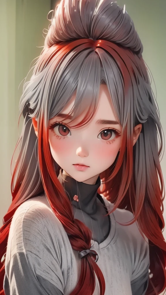 (((Gray Hair)))、(((Turning into a redhead:1.2)))、(((Beautiful gradient hair:1.2)))、One Girl、、big red ribbon hair ornament、Cute face、Baby Face、Natural look、Casual costume、Simple Background、Blurred Background、masterpiece:1.5、Highest quality、Ultra-high resolution、Very detailed、８ｋ、