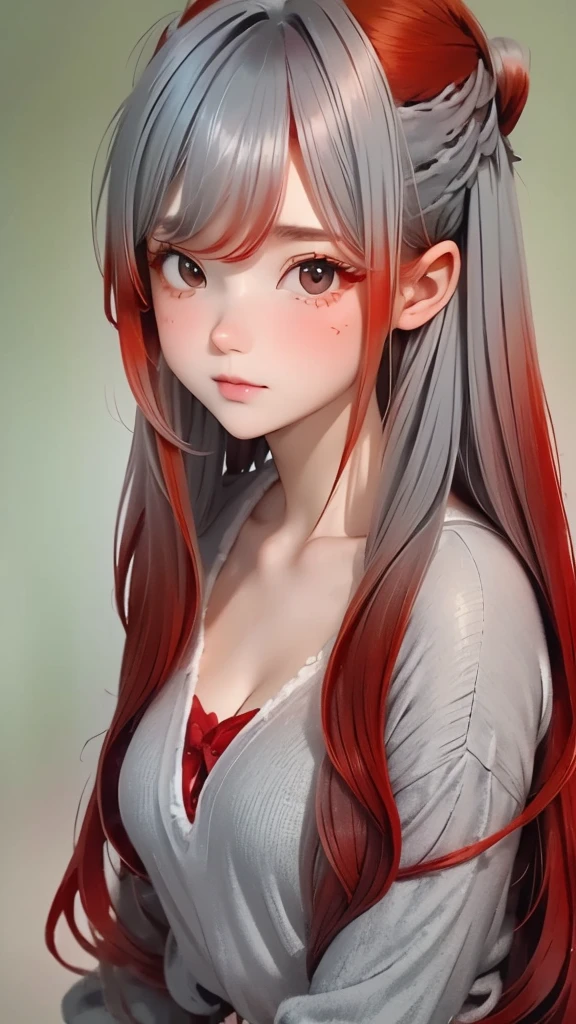 (((Gray Hair)))、(((Turning into a redhead:1.2)))、(((Beautiful gradient hair:1.2)))、One Girl、、big red ribbon hair ornament、Cute face、Baby Face、Natural look、Casual costume、Simple Background、Blurred Background、masterpiece:1.5、Highest quality、Ultra-high resolution、Very detailed、8k、