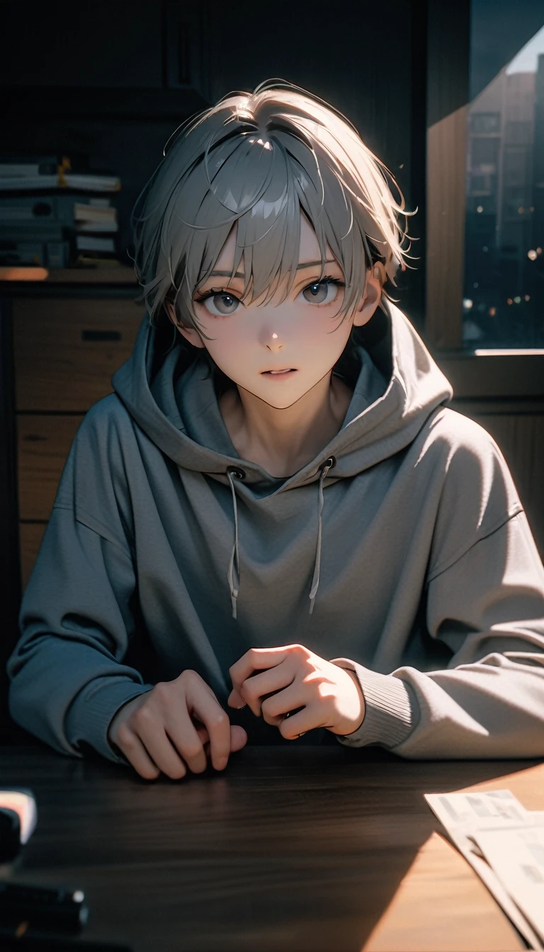 (8K, RAW photos, best quality, masterpiece: 1.4), (((The boy sits at the desk))),Ultra-high resolution, Extremely detailed, light, Eye close-up, handsome boy, black eyes, (delicate eyes, Eyes are bright:1.2), Gray short hair, Fair skin,dark, Grey sweatshirt, sweatshirt with hood,(perfect anatomy:1.2), High-quality shadows, Natural Lighting, (White highlights:1.2), night, cloudy day, (at home:1.2), (Brave expression:1.2)