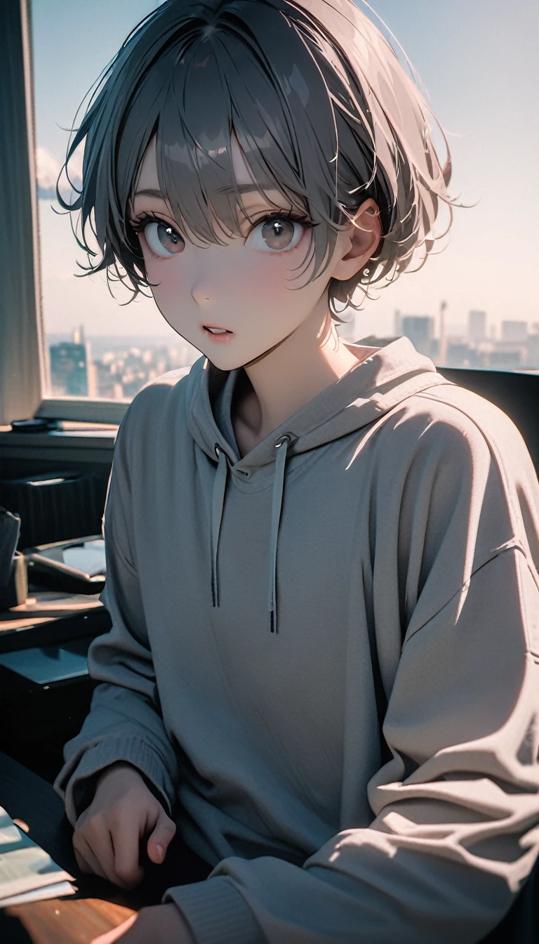 (8K, RAW photos, best quality, masterpiece: 1.4), (((The boy sits at the desk))),Ultra-high resolution, Extremely detailed, light, Eye close-up, handsome boy, black eyes, (delicate eyes, Eyes are bright:1.2), Gray short hair, Fair skin,dark, Grey sweatshirt, sweatshirt with hood,(perfect anatomy:1.2), High-quality shadows, Natural Lighting, (White highlights:1.2), night, cloudy day, (at home:1.2), (Brave expression:1.2)