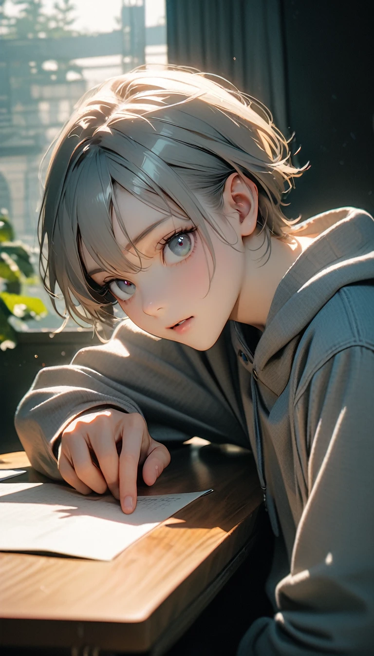 (8K, RAW photos, best quality, masterpiece: 1.4), (((The boy sits at the desk))),Ultra-high resolution, Extremely detailed, light, Eye close-up, handsome boy, black eyes, (delicate eyes, Eyes are bright:1.2), Gray short hair, Fair skin,dark, Grey sweatshirt, sweatshirt with hood,(perfect anatomy:1.2), High-quality shadows, Natural Lighting, (White highlights:1.2), night, cloudy day, (at home:1.2), (Brave expression:1.2)