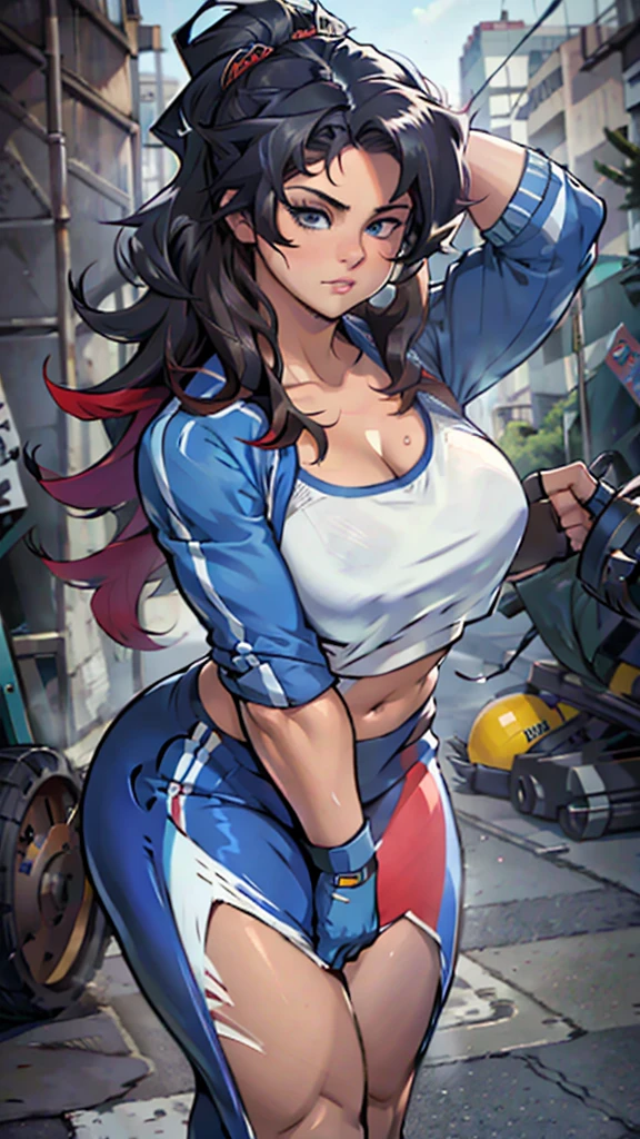High detailed, 1 woman, solo, large hairstyle, muscled, thicc body, Lenon colored eyes, expressive face, busty, gym clothes, BLUE finger-gloves, medium woman