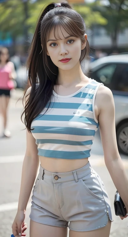 Close-up of a Southeast Asian woman with a round face., ,ผมหางม้าlong hair,float up, black eyes, staring at the viewer, abdominal muscles, shiny body, Large chest 36 inches, morning sun, ((face details)), Double eyelids, realistic, Masterpiece, Highest quality, lens flare, shade, [[Chromatic aberration, digital painting, 8K, 45,000,000,000 pixels,, t-shirt, long hair,black eyes,abdominal muscles, The body is beautiful and strong., rounded chest, (digital painting, HDR, high contrast